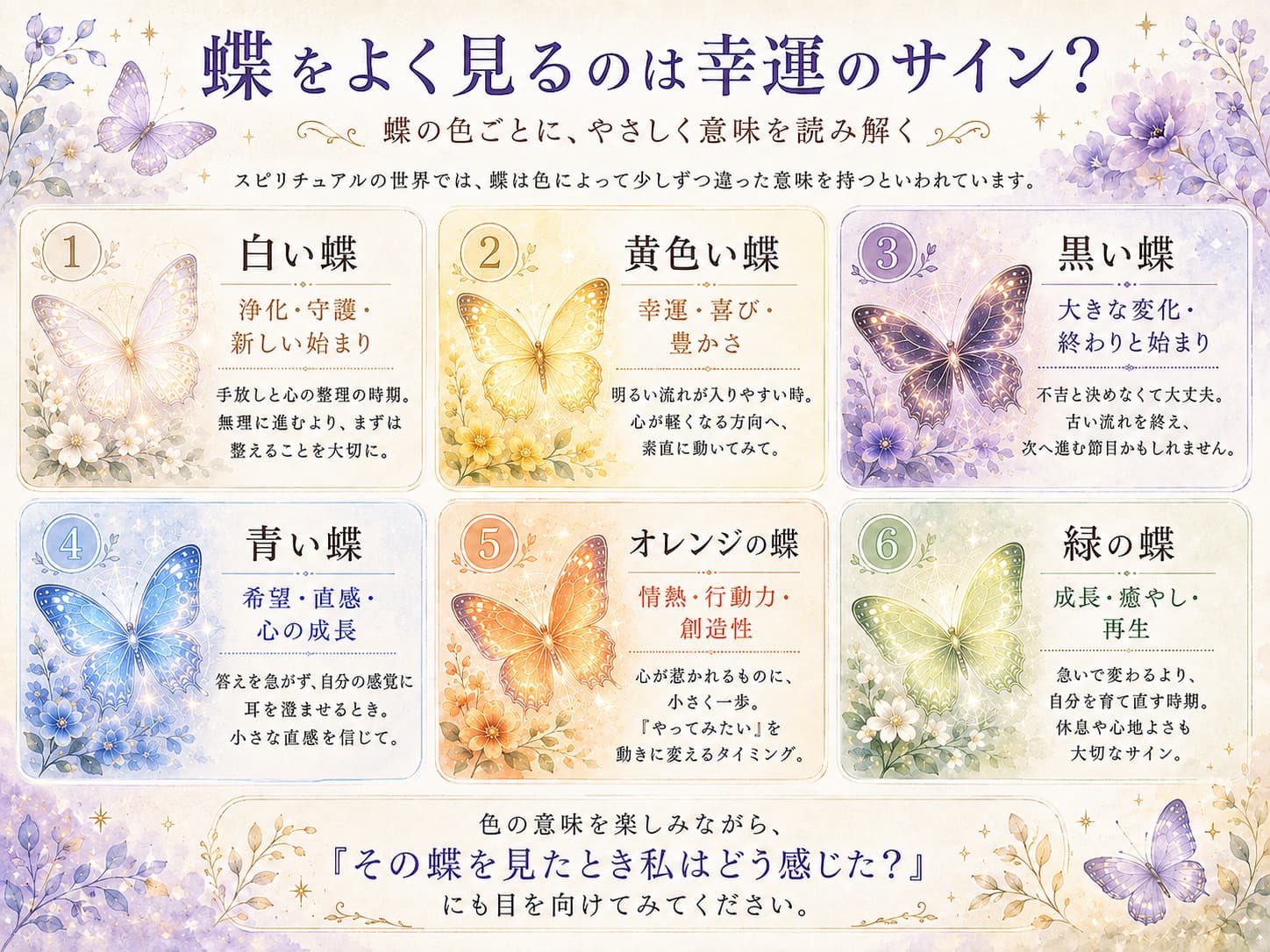 白い蝶、黄色い蝶、黒い蝶など蝶の色ごとのスピリチュアルな意味