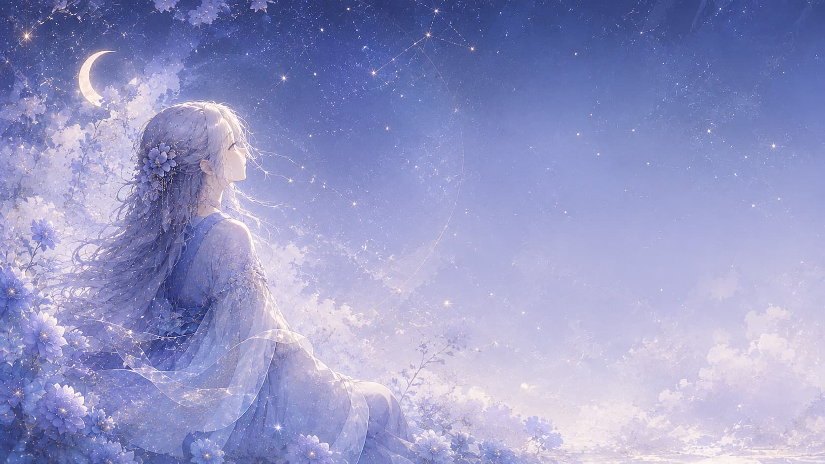 月夜に佇む銀髪の夢幻姫